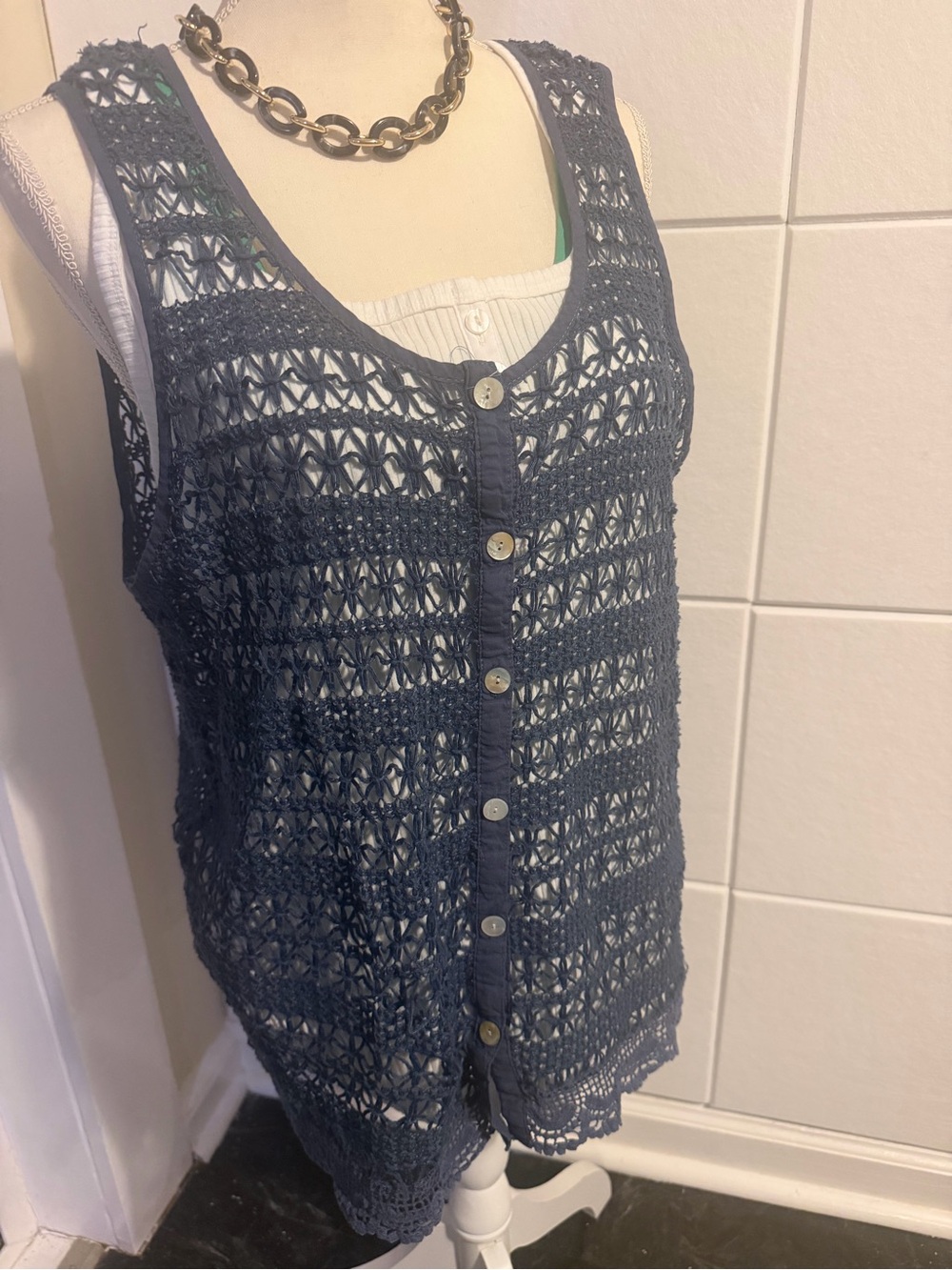 Crochet Button-Front Tank Vest in Navy
